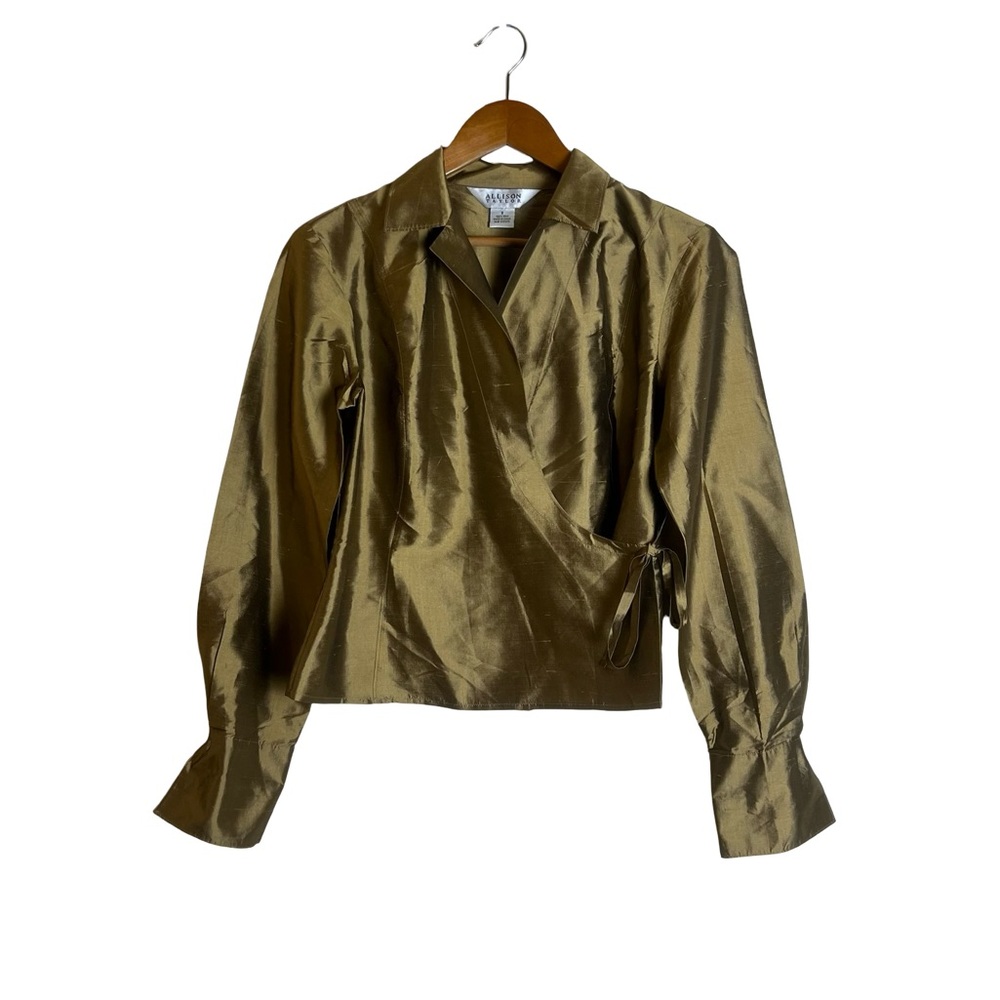 Allison Taylor Bronze Silk Wrap Blouse Long Sleeve Gold Dupioni Top Womens 8
